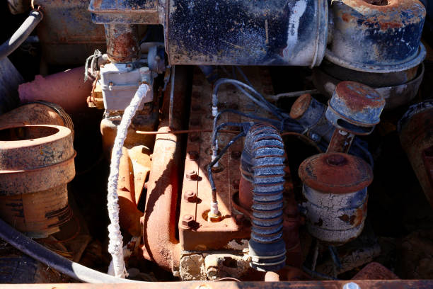 moteur de voiture ancienne rouillé dans le désert - junkyard scrap metal isolated machine photos et images de collection