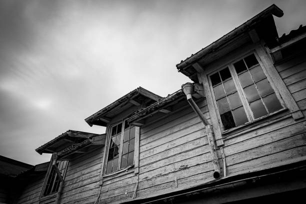 Portrait of an old house in the country that appears to be in the process of falling down. Black and white treatment for drama.