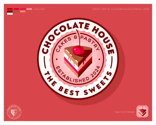 Vector illustration of Chocolate house emblem. Identity. A piece of chocolate cake with cherry in a circle. Identity. App button.