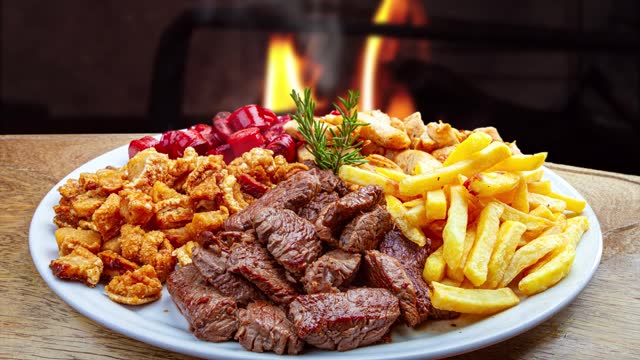 Snacks with fries, crackers, meat, pork, sausage