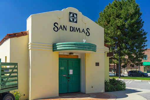 San Dimas, CA, USA - April 3, 2024: The Santa Fe Depot and Pacific Railroad Museum historic building located on Bonita Ave in the City of San Dimas, California.