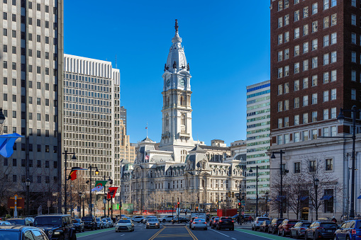 Philadelphia downtown street with historic City Hall, Philadelphia, Pennsylvania, USA