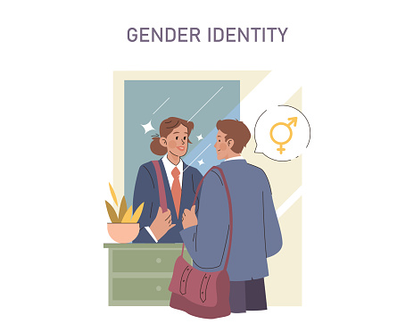 Gender Identity concept. A reflective moment of self-recognition, highlighting the personal realization of gender identity with a symbol of transformation.