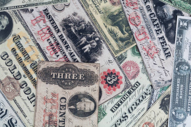 istock Old US dollar banknotes and silver certificates banknotes 2148329376