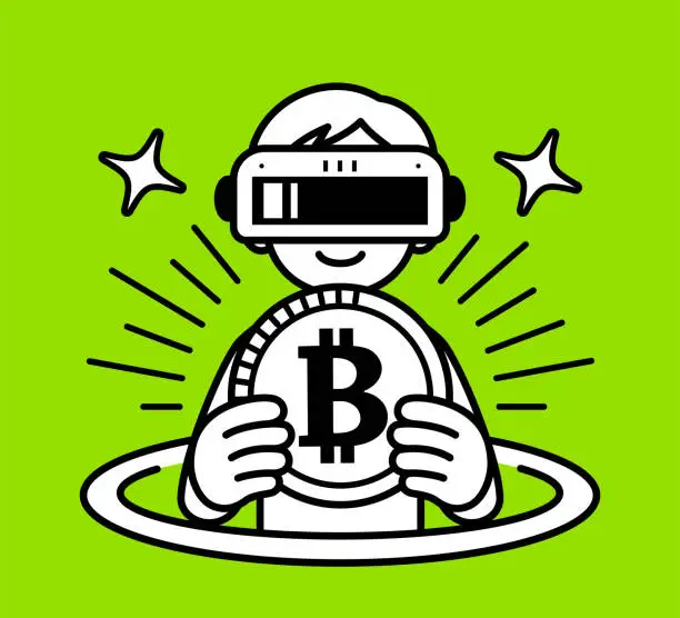 Vector illustration of A boy wearing a virtual reality headset or VR glasses pops out of a virtual hole and into the metaverse, holding a big coin of money, looking at the viewer, minimalist style, black and white outline