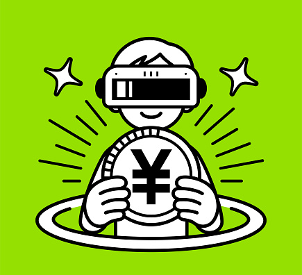 Minimalist Style Characters Designs Vector Art Illustration.
A boy wearing a virtual reality headset or VR glasses pops out of a virtual hole and into the metaverse, holding a big coin of money, looking at the viewer, minimalist style, black and white outline.
