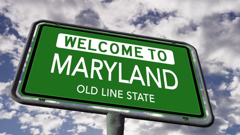 Welcome to Maryland, USA Road Sign, Old Line State Nickname, Realistic Animation