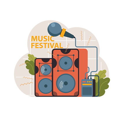 Dynamic speakers and microphone set against a backdrop of music festival waves, capturing the vibrant energy of live performances. Festival sound gear. Flat vector illustration