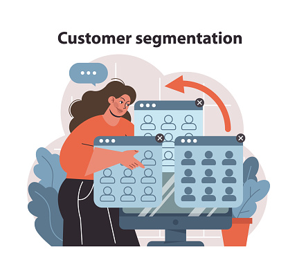 Customer segmentation concept. Enthusiastic woman categorizing digital profiles, streamlining marketing strategies for targeted audiences. Personalization in action. Flat vector illustration.