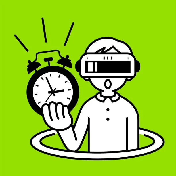 Vector illustration of A boy wearing a virtual reality headset or VR glasses pops out of a virtual hole and into the metaverse, showing an alarm clock, looking at the viewer, minimalist style, black and white outline