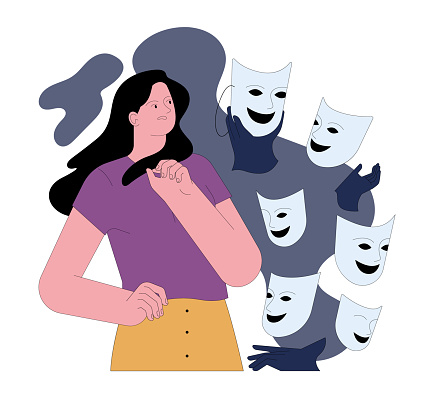 Fear of losing individuality. Frightened contemplative young woman surrounded by identical masks. Struggle to maintain uniqueness among conformity. Flat vector illustration