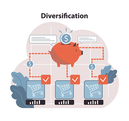 Diversification concept visualized by a piggy bank centralized among diverse investments. As the financial hub, it collects from varied sources ensuring growth and financial stability. Flat vector