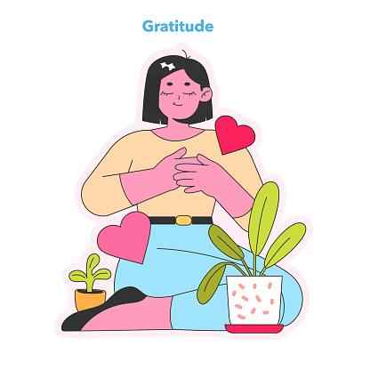 Gratitude concept. Content figure surrounded by heart symbols and nurturing plant growth, embodying thankfulness and appreciation. Vector illustration.