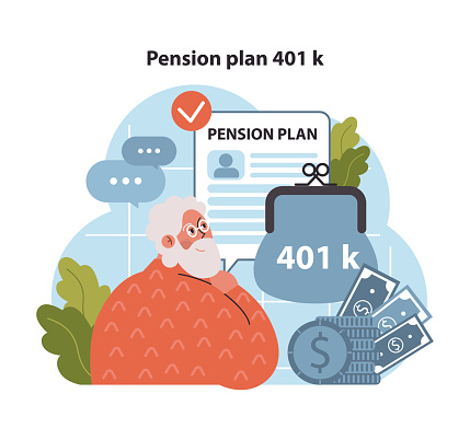Elderly man examines 401k pension plan, content amidst floating dollars, coins, and verified document. Retirement savings visualized. Pensive preparation. Flat vector illustration.
