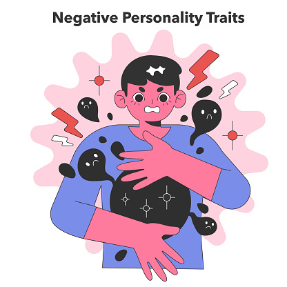 Negative Personality Traits concept. A single figure engulfed by shadows, illustrating the complexity of human emotions and traits. Flat vector illustration.
