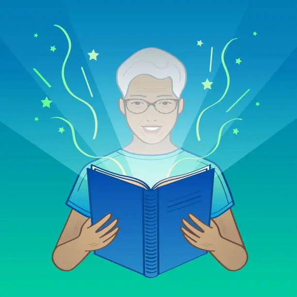 Vector illustration of senior man reading magic book