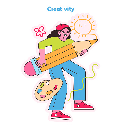 An artist caught in a moment of creative bliss, painting a sunny disposition with vibrant colors. A cheerful representation of imaginative power and artistic spirit. Vector illustration.