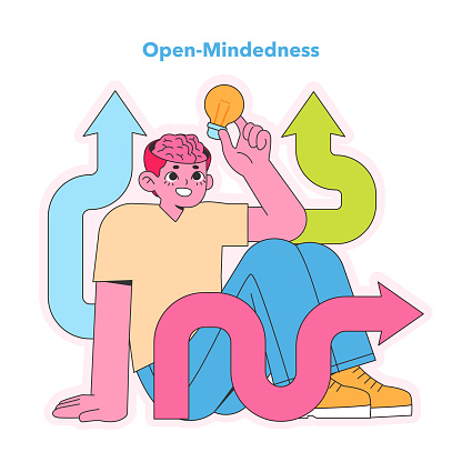 Open-Mindedness concept. Curious mind evaluating different paths with a lightbulb moment. Embracing diverse perspectives. Vector illustration.