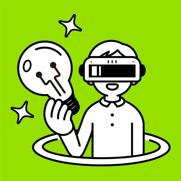 Vector illustration of A boy wearing a virtual reality headset or VR glasses pops out of a virtual hole and into the metaverse, showing a big idea light bulb, looking at the viewer, minimalist style, black and white outline