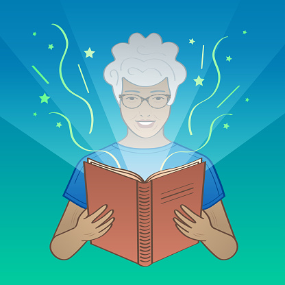 Senior man with glasses reading magic book. Amazing stories. Bright light and icons coming out of the book. Mature man opening the magic book. Fantasy concept. Fairy tale with light effect. Vector illustration.