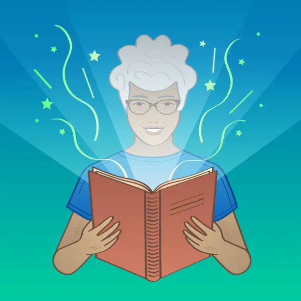 Vector illustration of senior man with glasses reading magic book