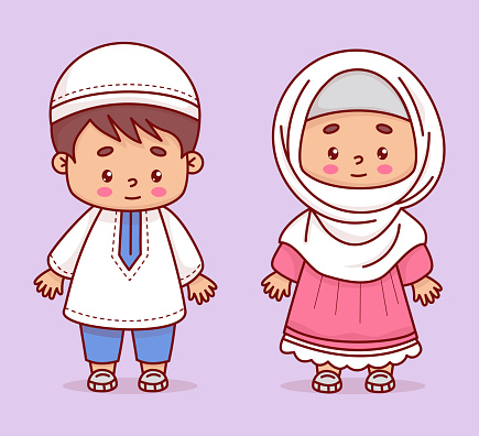 Cute Islamic children. Happy Muslim girl in hijab and boy in traditional clothes. Isolated cartoon ethnic child character. Vector illustration.