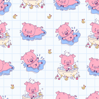 Seamless pattern with bathing pigs. Smiling piggy splashes in water and takes bath with foam on light checkered background. Cute funny kawaii animal character. Vector illustration. Kids collection