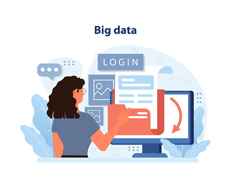 Big Data Analysis. An analyst navigates through vast datasets, exploring patterns and insights for strategic decision-making. Flat vector illustration.