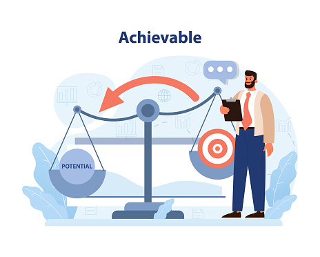 Achievable goals showcased. Businessman balancing potential with target outcome. Bridging aspirations with attainable results. Goal-setting, potential realization. Flat vector illustration