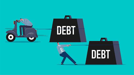 Efficiency in paying off debt, paying off debt quickly or solving debt problems, one businessman pulling debt forward easily on a motorized bicycle another struggling to pull debt