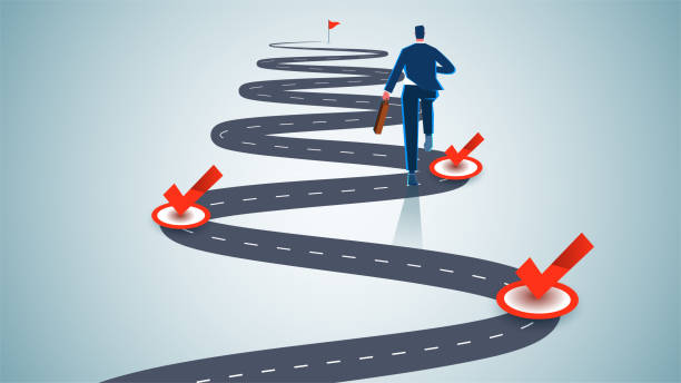 ilustrações de stock, clip art, desenhos animados e ícones de determination and perseverance to meet challenges, milestones, step-by-step completion of tasks, business progress tracking and management, businessmen running around corners and reaching goals one by one - estrada da vida