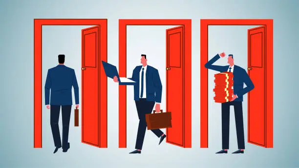 Vector illustration of Employment Opportunities or Business Opportunities, Doors of Opportunity, Doors of Success, Businessmen Walking in the Door and Businessmen Walking Out the Door