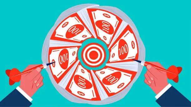 Vector illustration of Money goals, sales goals and plans, challenging and achieving goals, shooting darts in hand at the bullseye in the middle of the money