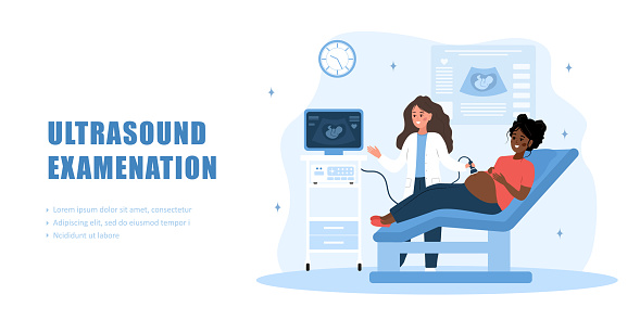 Ultrasound examination. Landing page template. Female doctor doing fetus screening to future mother. African girl with belly looking in monitor. Embryo health diagnostic. Cartoon vector illustration.