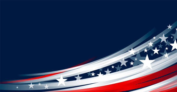 ilustraciones, imágenes clip art, dibujos animados e iconos de stock de 4 de julio diseño de la bandera del día de la independencia de los e.e.u. de estrellas y curva de línea sobre fondo azul con ilustración vectorial del espacio de copia - patriotismo