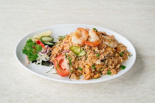 Table top of spicy Prawn Fried Rice, healthy lifestyles concept.