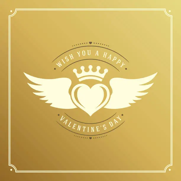 Vector illustration of Valentines Day greeting card or poster vector illustration. Retro typographic design and heart shape on golden style background