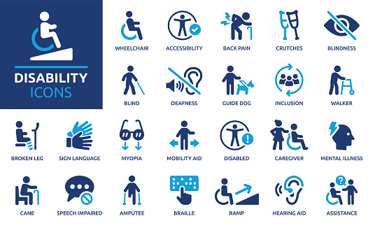 Containing wheelchair, accessibility, blind, broken leg, disabled, assistance and deafness icons. Solid icon collection.