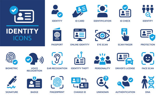 ilustraciones, imágenes clip art, dibujos animados e iconos de stock de conjunto de iconos de identidad, ilustración vectorial. - reconocimiento
