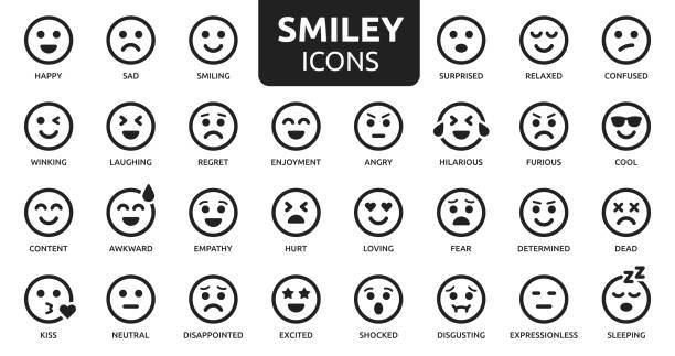 Smiley icon line set. Vector outline illustration. Emoji icon collection containing happy emotion, sad, smiling, surprised, angry, relaxed, confused, laughing, excited and shocked emoticon icons. sadness stock illustrations