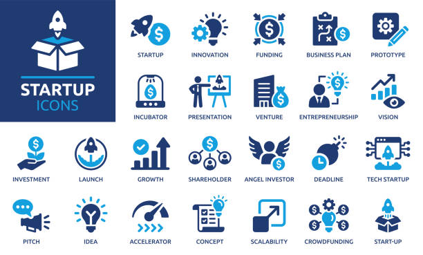 Startup icon set, vector illustration. Containing innovation, business plan, investment, launch, funding, investor and entrepreneurship icons. Solid icon collection. start ups stock illustrations