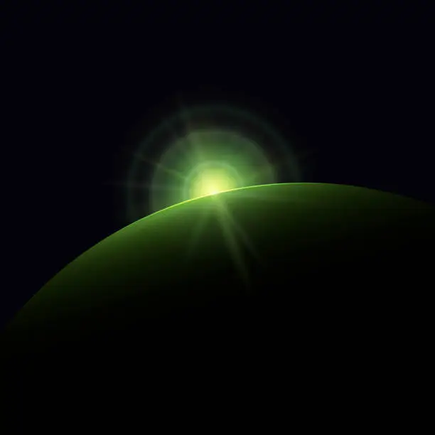 Vector illustration of Green star rises above the planet