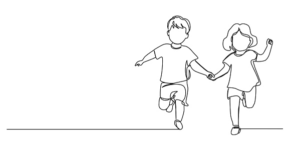 continuous single line drawing of toddler girl and boy running hand in hand, line art vector illustration