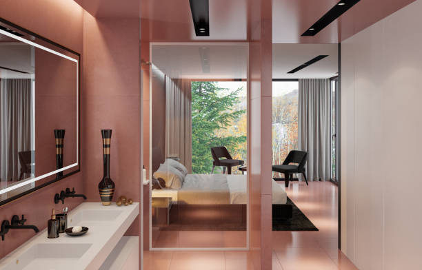 istock Modern Luxury style master bedroom with pale red stone tiles bathroom. 2148338806
