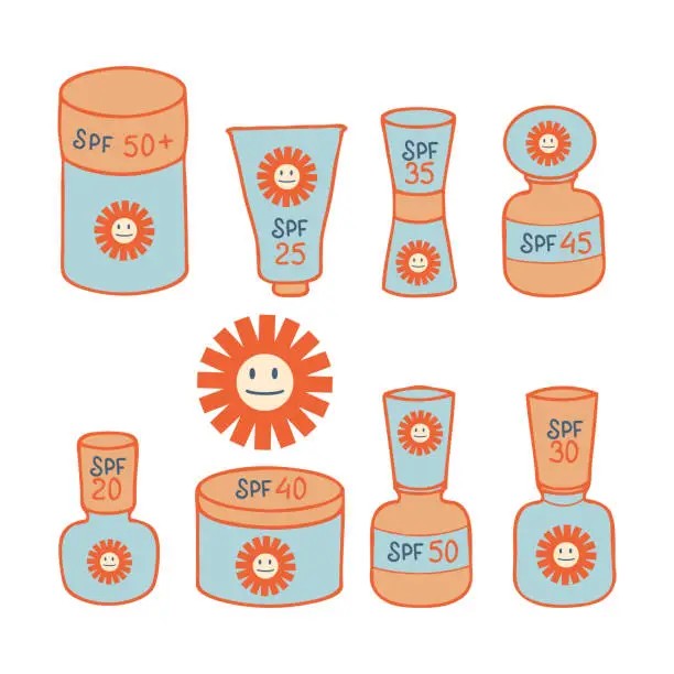 Vector illustration of Sunscreen tubes with various SPF clipart collection. Summer skin care concept. Hand drawn vector illustration for decor and design.