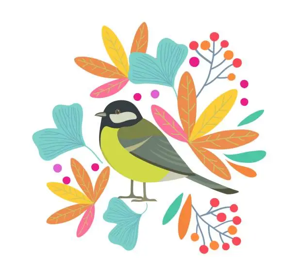 Vector illustration of Cute vector flat design with bird and branches with leaves and berries