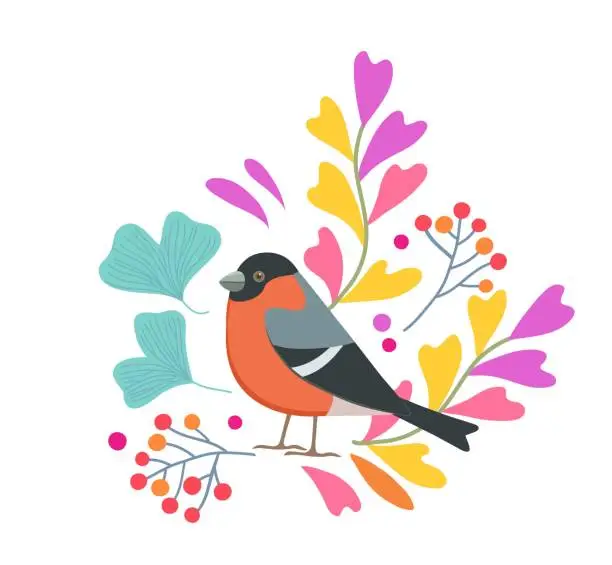 Vector illustration of Cute vector flat design with bird and branches with leaves and berries