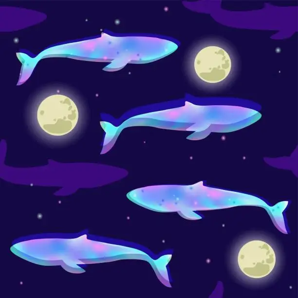 Vector illustration of Seamless pattern with magical whale in the night starry sky. Vector illustration.