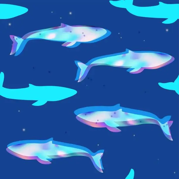 Vector illustration of Seamless pattern with flying whale and stars. Blue night space galaxy background. Vector illustration.