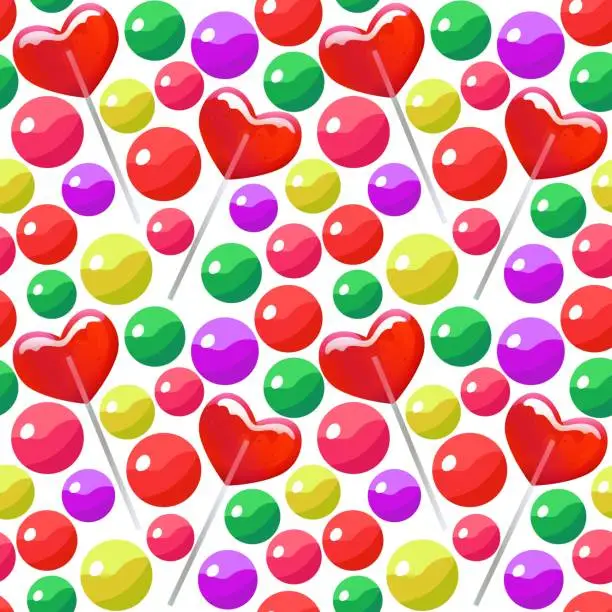 Vector illustration of Seamless pattern with candy balls and heart shaped lollipops Colorful bright vector illustration.